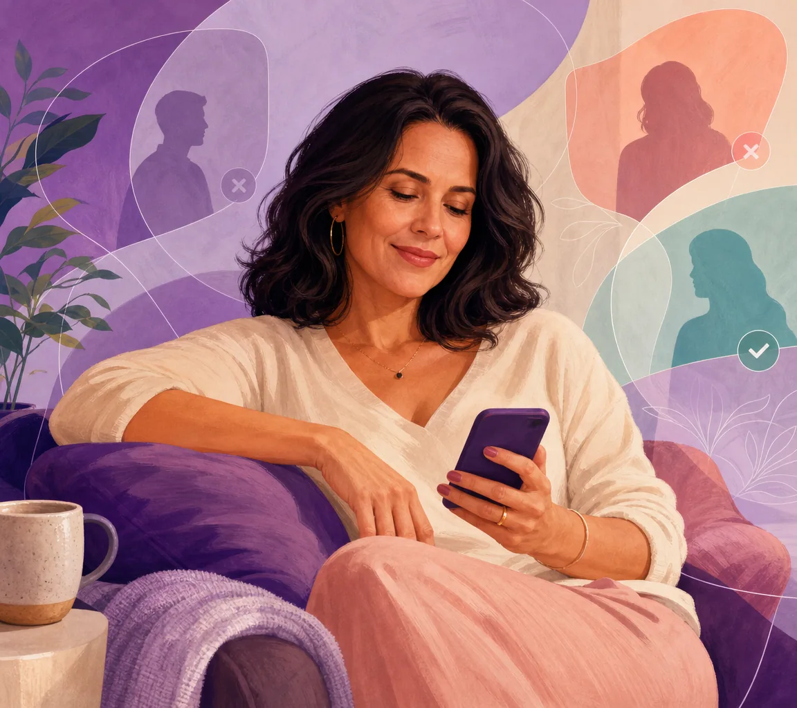 Ilustração de uma mulher escolhendo seu ritmo e seus limites no aplicativo