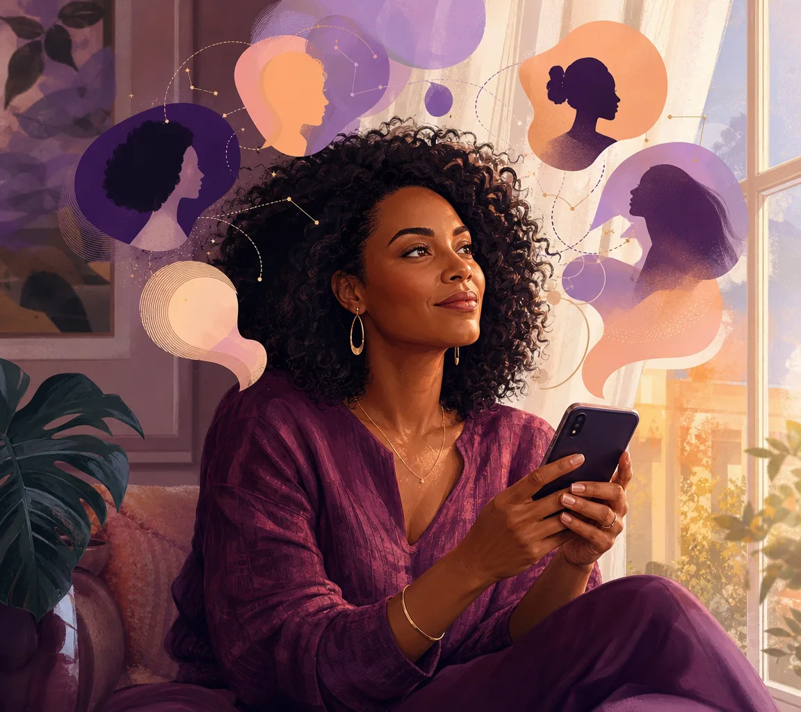 Ilustração de uma mulher descobrindo histórias e pessoas pela Comunidade