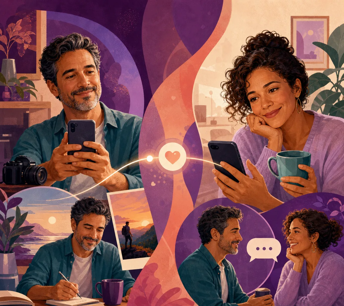 Ilustração de duas pessoas passando do perfil e de interesses em comum para uma conversa