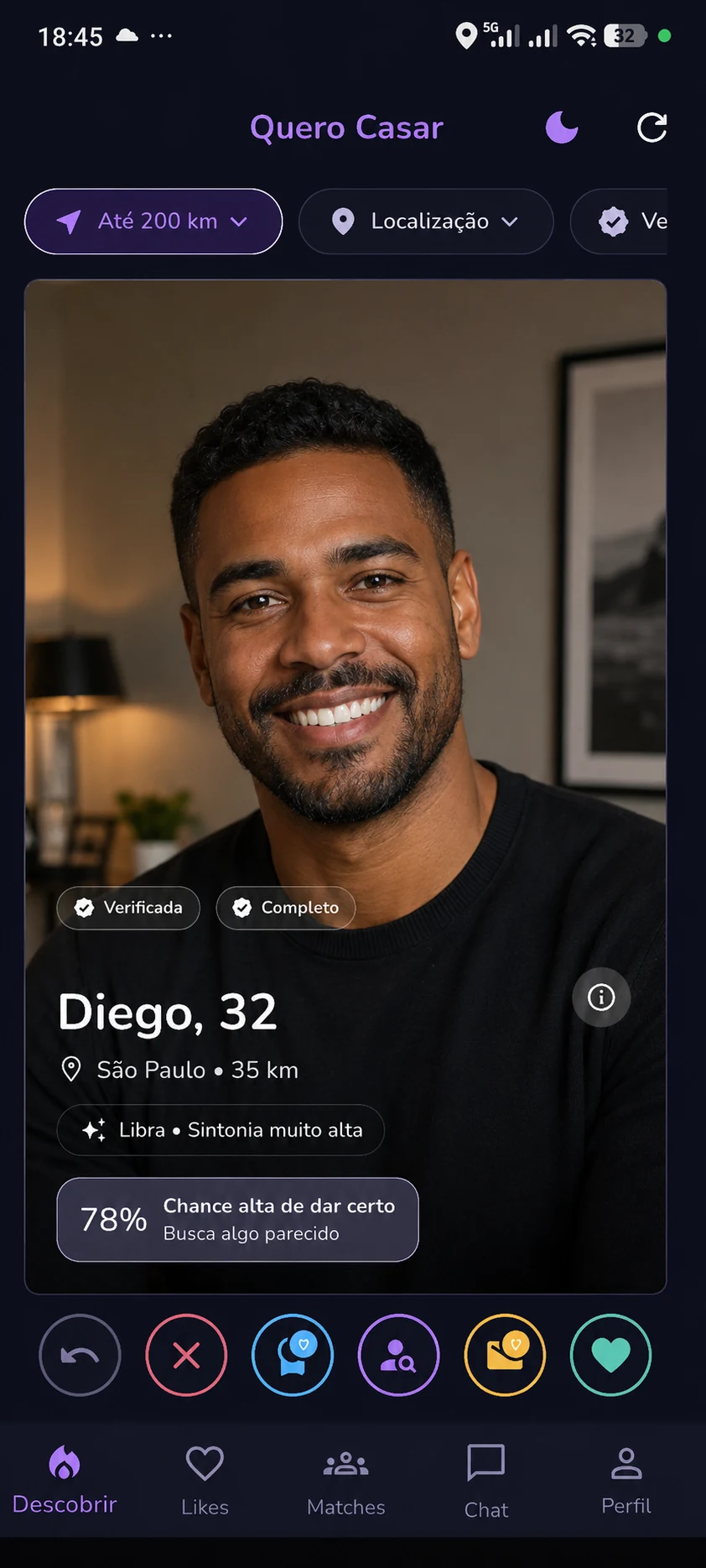 Tela de descoberta de perfis no Quero Casar