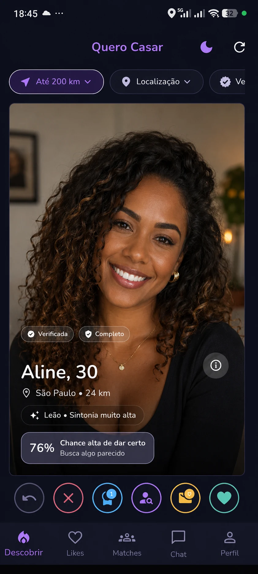Tela de descoberta com sinais de verificação e compatibilidade de Aline